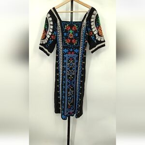 RARE FIND ✨️NWOT Black Embroidered Folk Maxi Dress with Multicolor Floral Detail